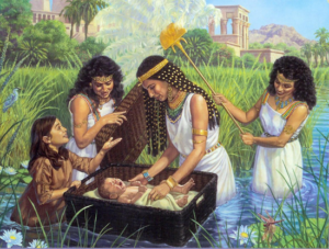 Baby Moses is discovered on the Nile (artist unknown)