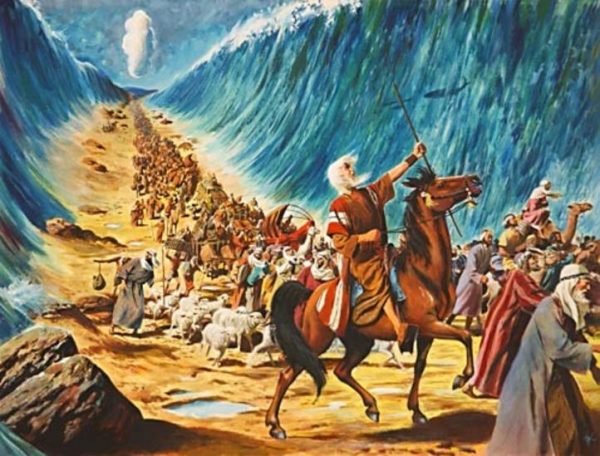 Moses parts the Red Sea allowing the Israelites to safely escape the