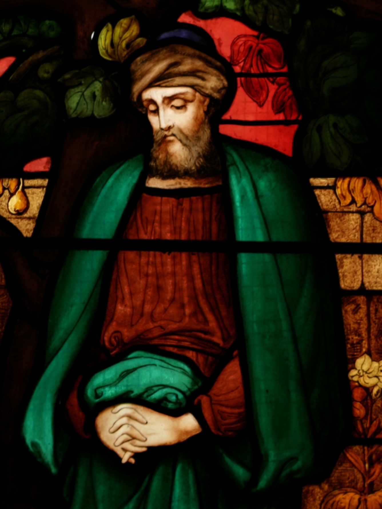 Stained glass panel in the transept of St. John's Anglican Church, Ashfield, New South Wales (NSW). This scene depicts Nathanael under a fig tree.