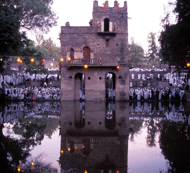 Crowds gather at the Fasiladas' bath in Gondar, Ethiopia, to celebrate Timket
