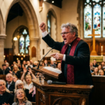 A preacher preaching from the pulpit