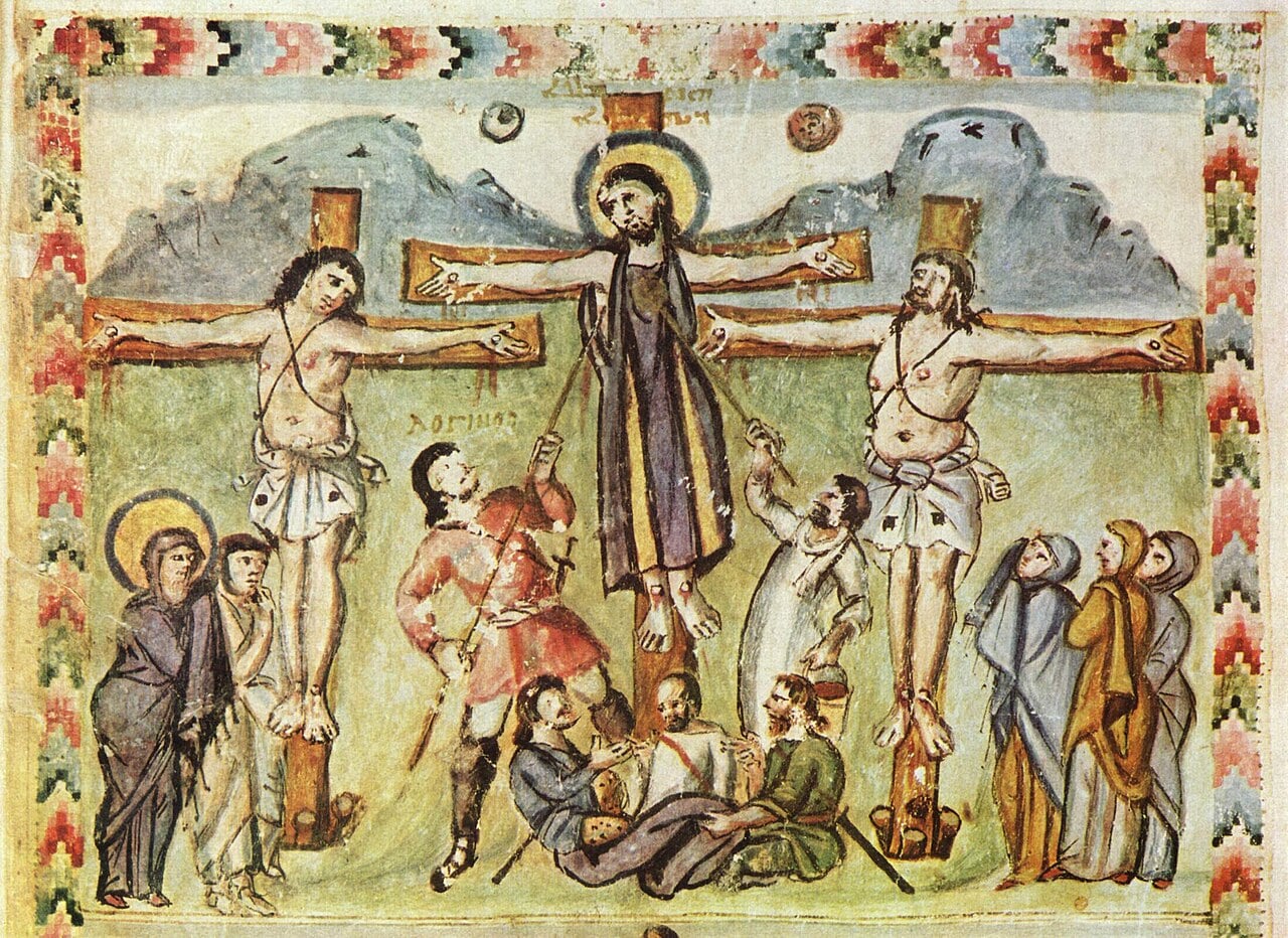 Crucifiction of Jesus with Saint Longinus wearing red
