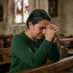 A Christian lady praying and crying in grief and sadness