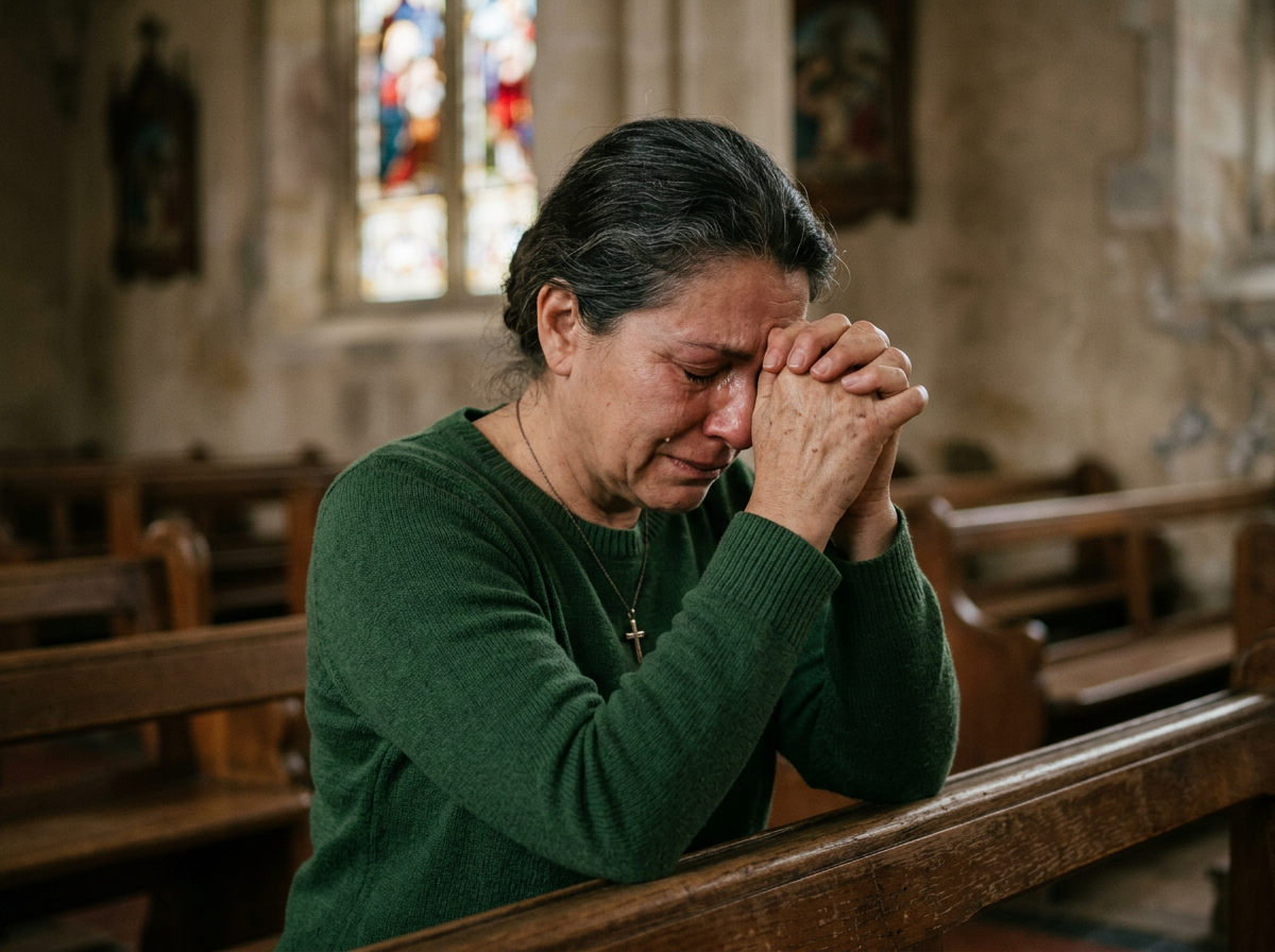 A Christian lady praying and crying in grief and sadness