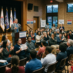 Politician talking about politics to a group of people in a government like setting