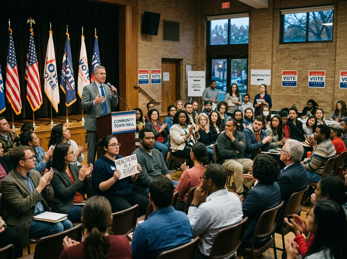 Politician talking about politics to a group of people in a government like setting