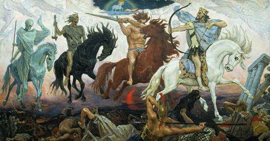 The opening of six of the seven seals and the Four Horsemen of the Apocalypse (Revelation 6:1-6:17) 1 Four Horsemen of the Apocalypse - Death, Famine, War and Conquest, an 1887 painting by Viktor Vasnetsov